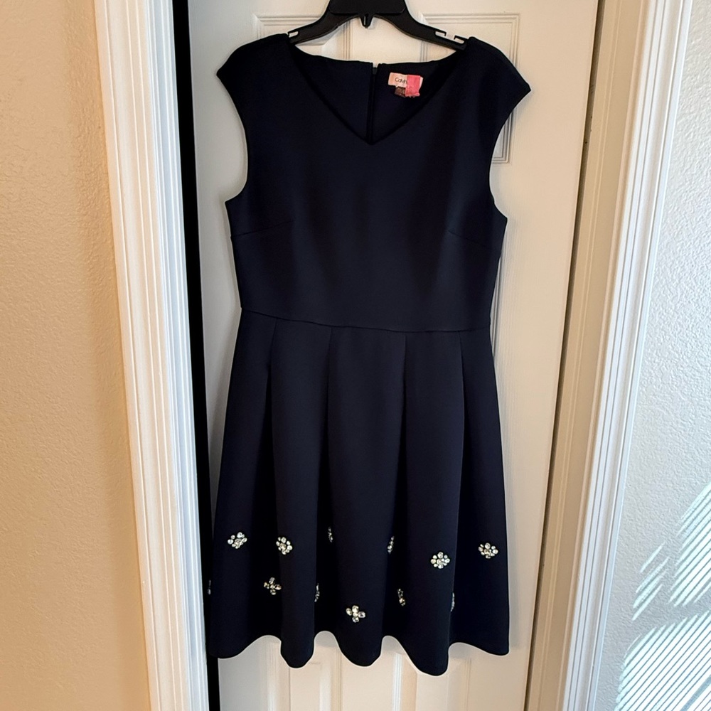 Calvin Klein Navy One-Shoulder Dress with Embellished Hem Like New